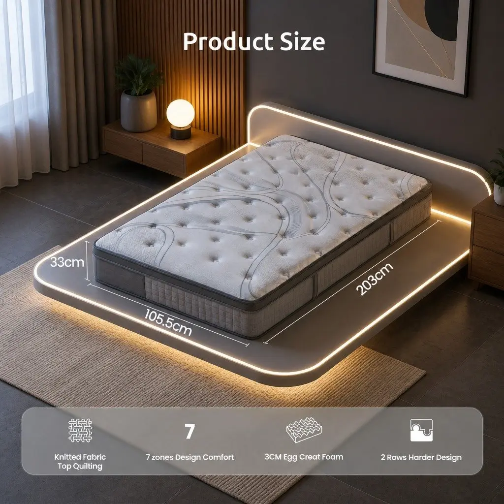King Single Mattress 33cm 7-Zone Pocket Spring 8.0 Extra Firm Dual-Row Edge