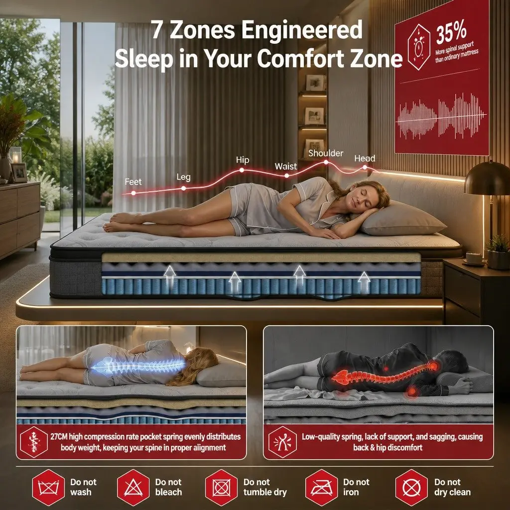 King Single Mattress 33cm 7-Zone Pocket Spring 8.0 Extra Firm Dual-Row Edge