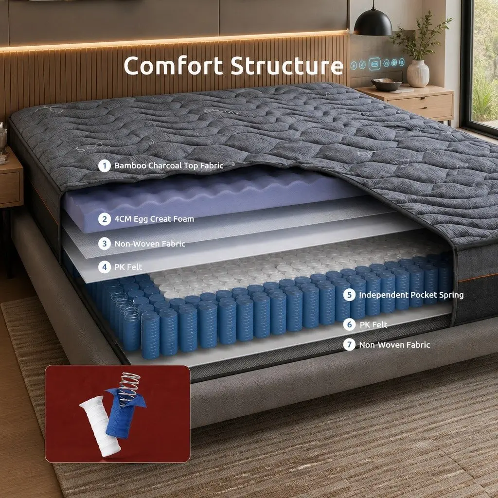 Double Mattress 25cm Hybrid Pocket Spring Egg Crate Foam Bamboo Charcoal Fabric