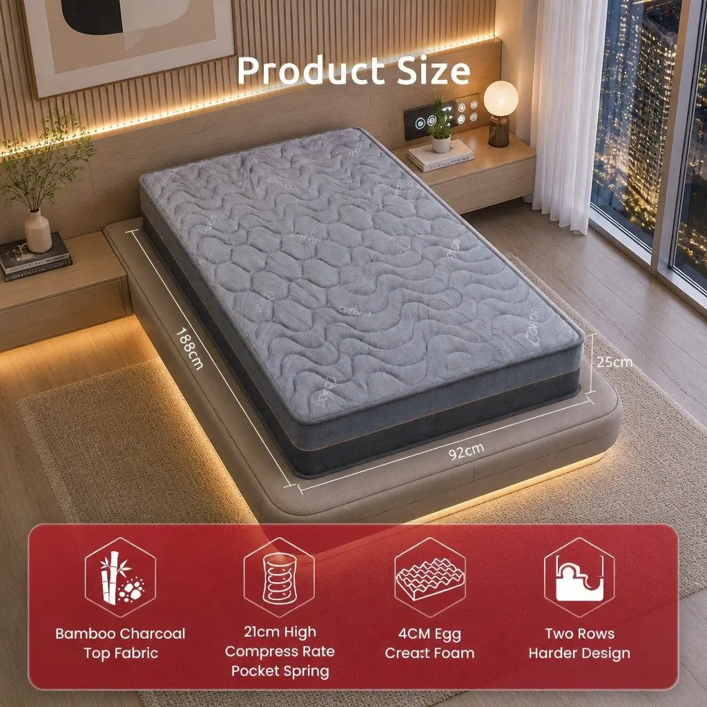 Single Mattress Bamboo Charcoal Fabric 25cm Grey Black