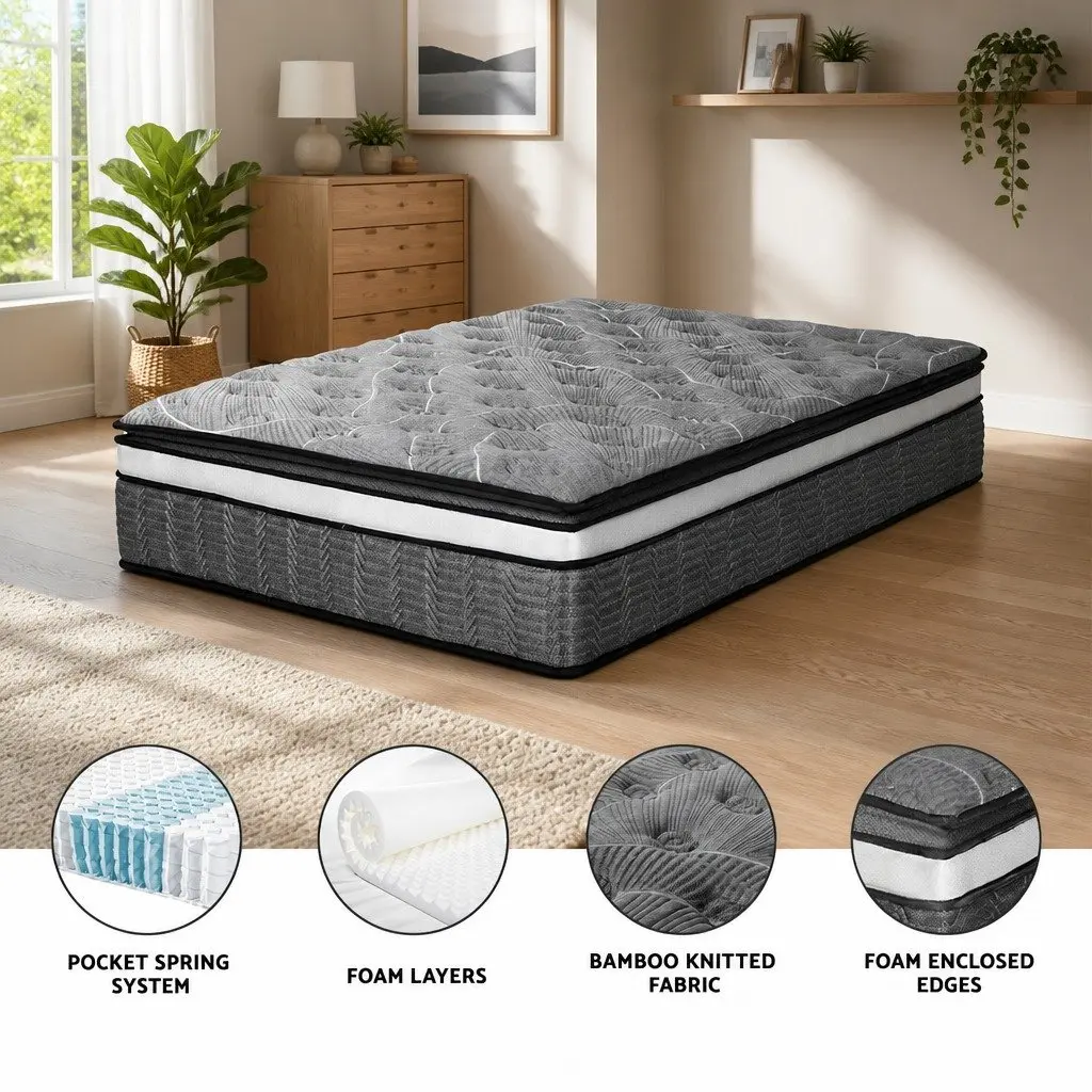 Double Mattress 34cm Pocket Spring Medium Firm Hypoallergenic Quilted Comfort