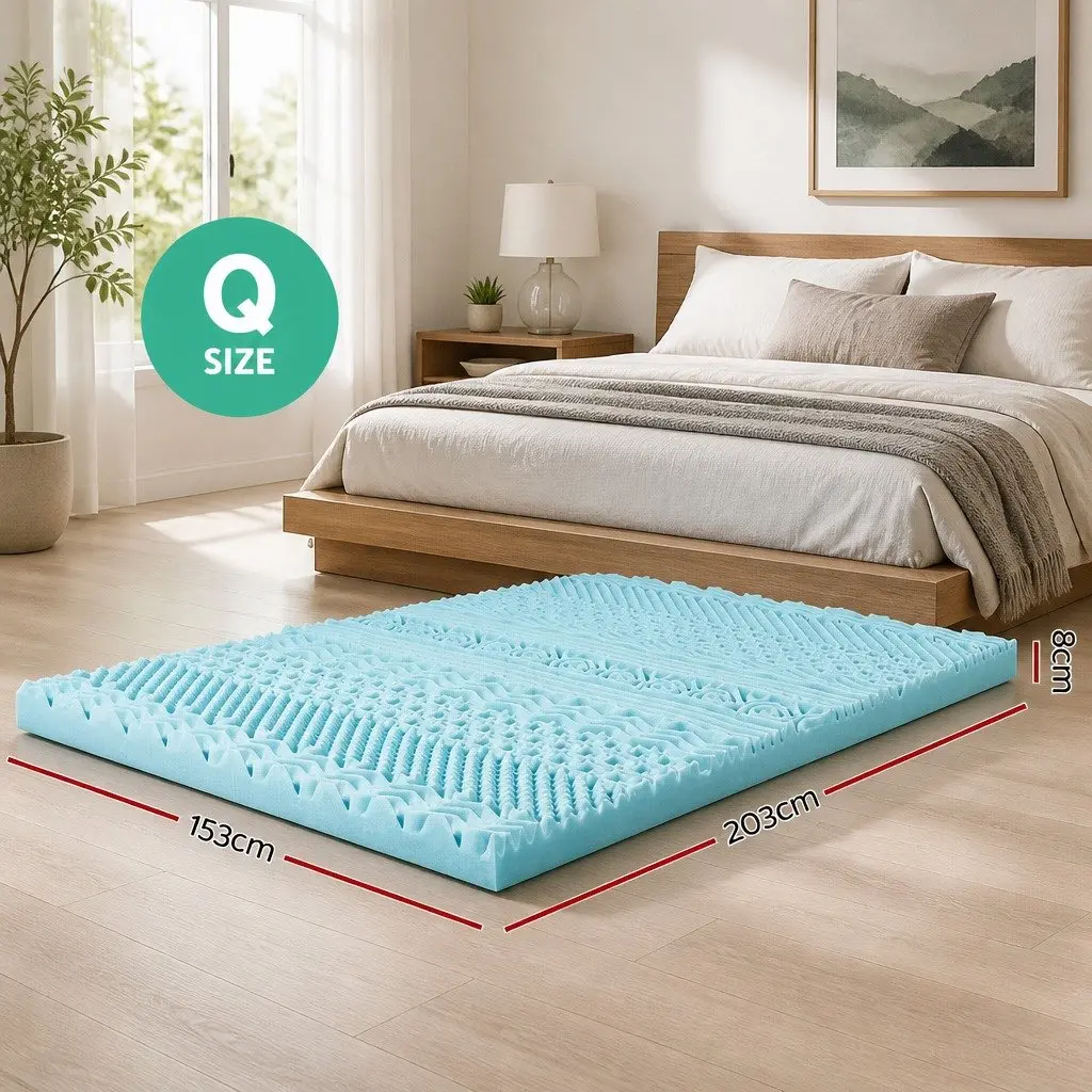 Memory Foam Mattress Topper Visco Elastic 8cm Queen Blue 11-Zone Contoured Support