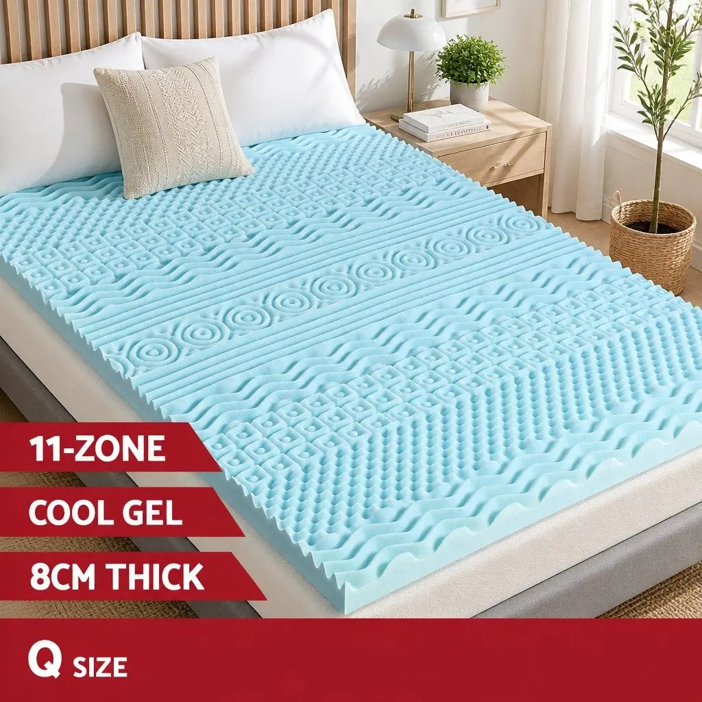 Memory Foam Mattress Topper Visco Elastic 8cm Queen Blue 11-Zone Contoured Support