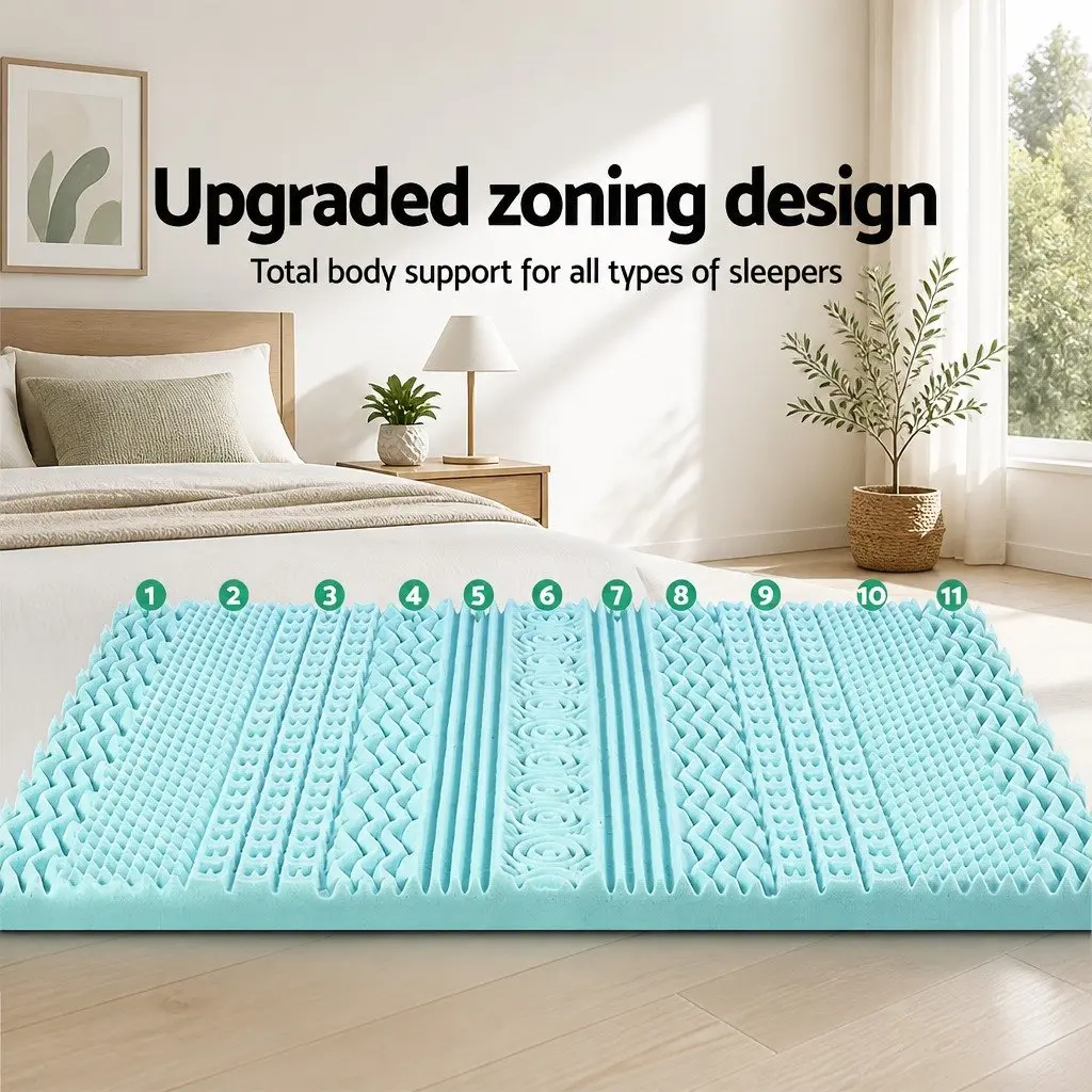 Memory Foam Mattress Topper Visco Elastic 8cm Queen Blue 11-Zone Contoured Support