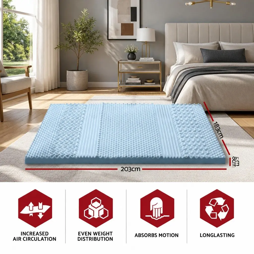 Memory Foam Mattress Topper 8cm King Size White or Blue 7-Zone Contoured Support Comfort