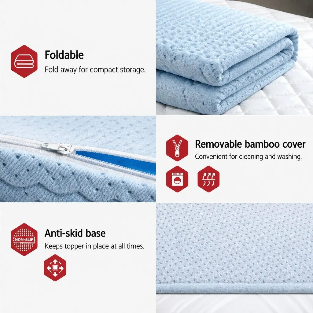 Memory Foam Mattress Topper 8cm King Size White or Blue 7-Zone Contoured Support Comfort