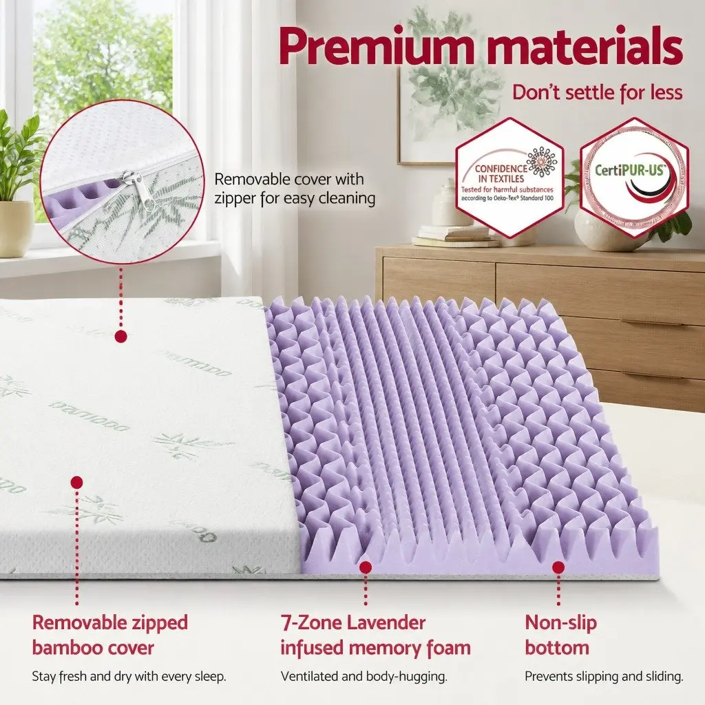 Lavender Bamboo 8cm Memory Foam Mattress Topper Double Bed