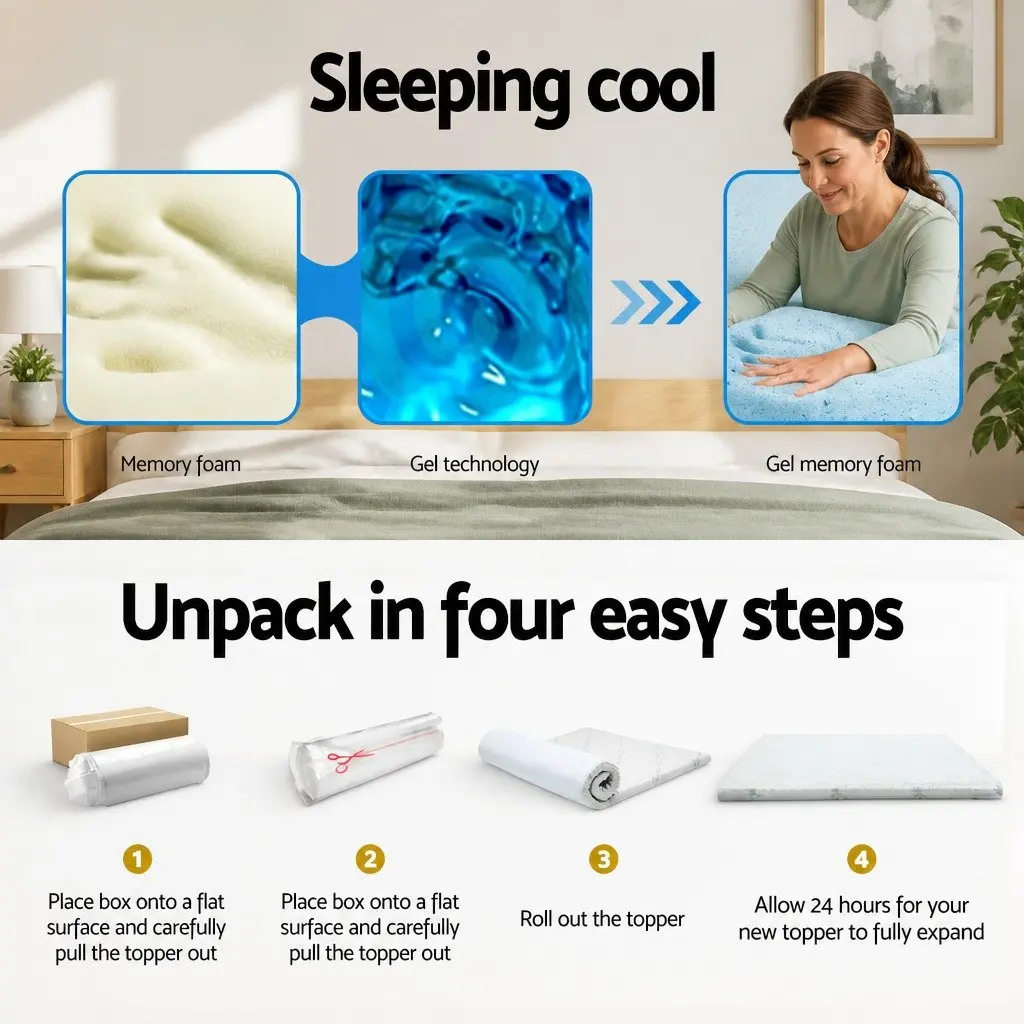 Memory Foam Mattress Topper 10cm Cool Gel Double Size Bamboo Cover Blue