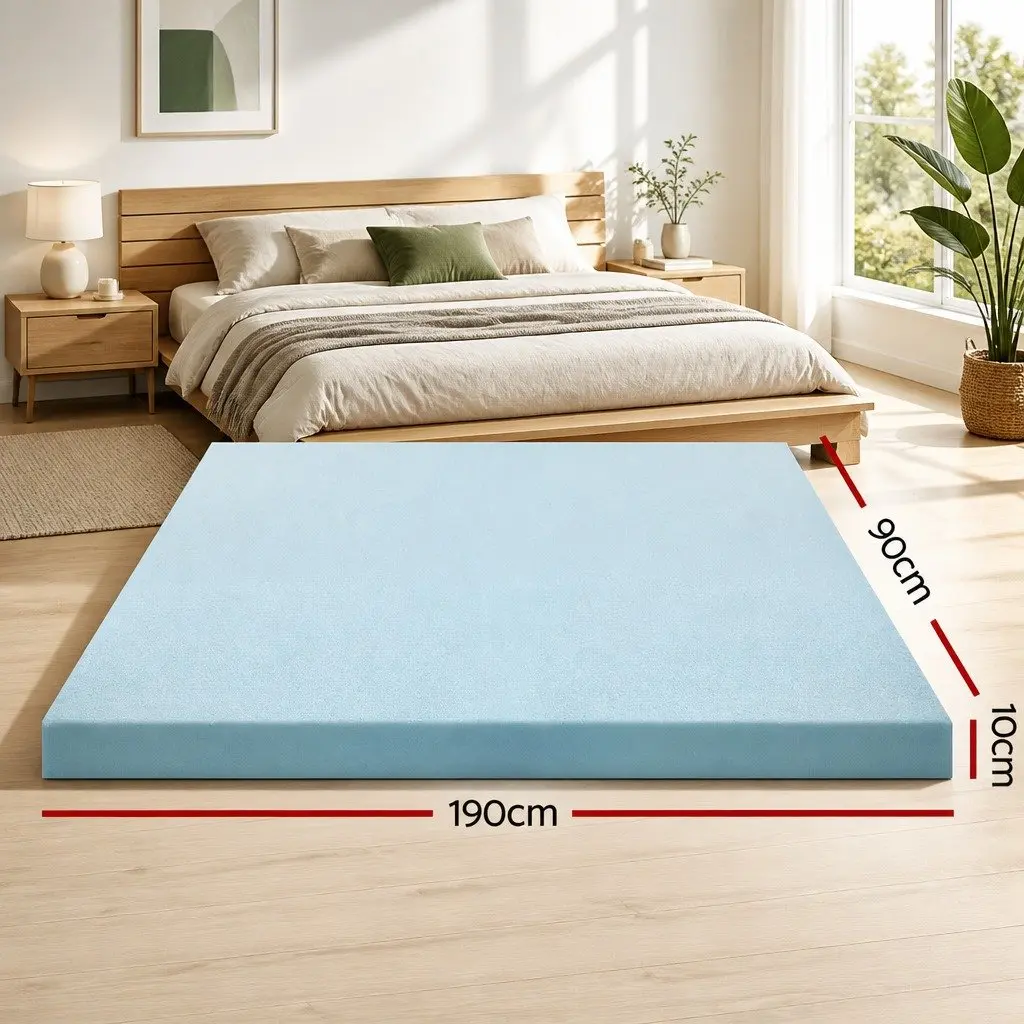 Memory Foam Mattress Topper Gel Infused 10cm Single Bed Bamboo Cover Blue