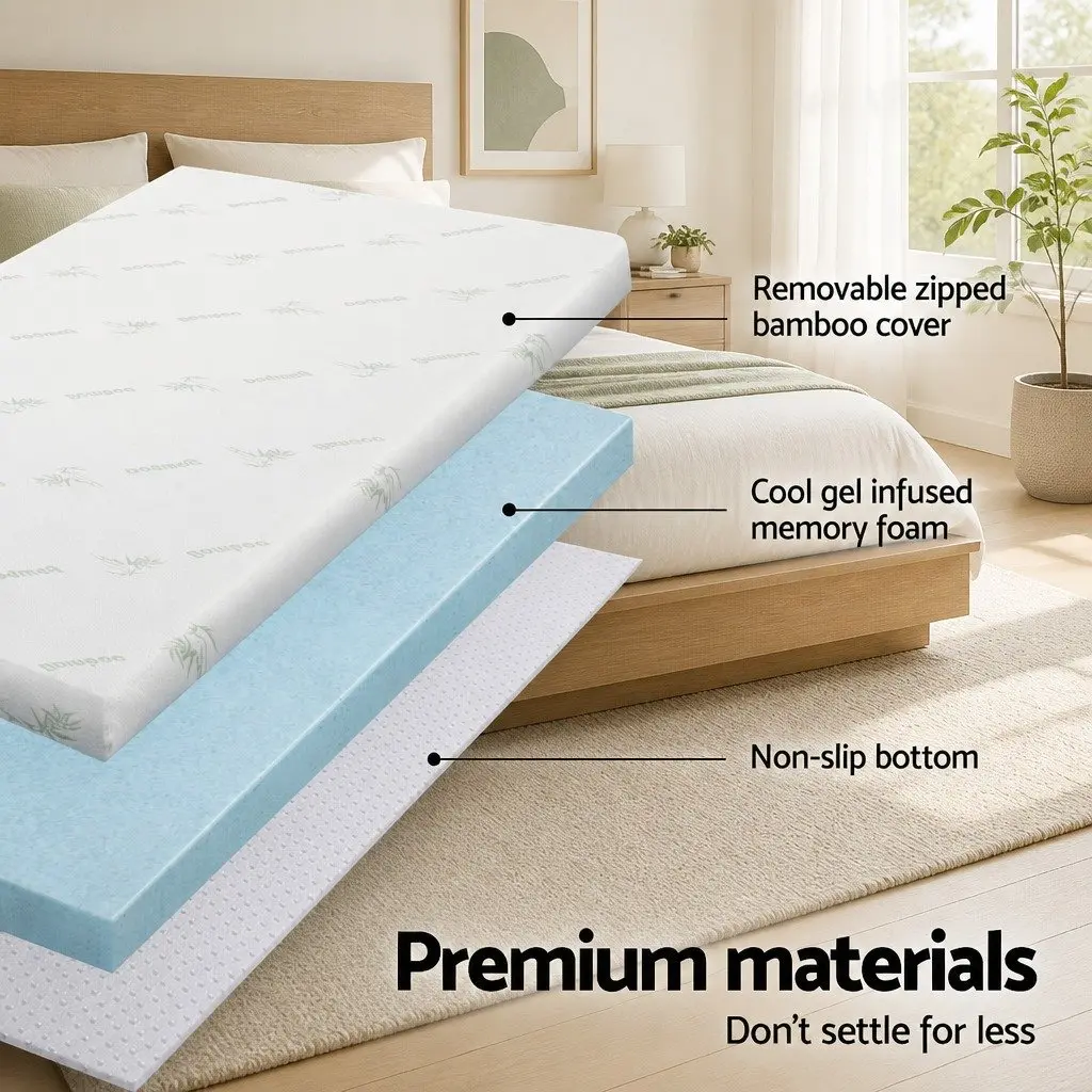 Memory Foam Mattress Topper Gel Infused 10cm Single Bed Bamboo Cover Blue