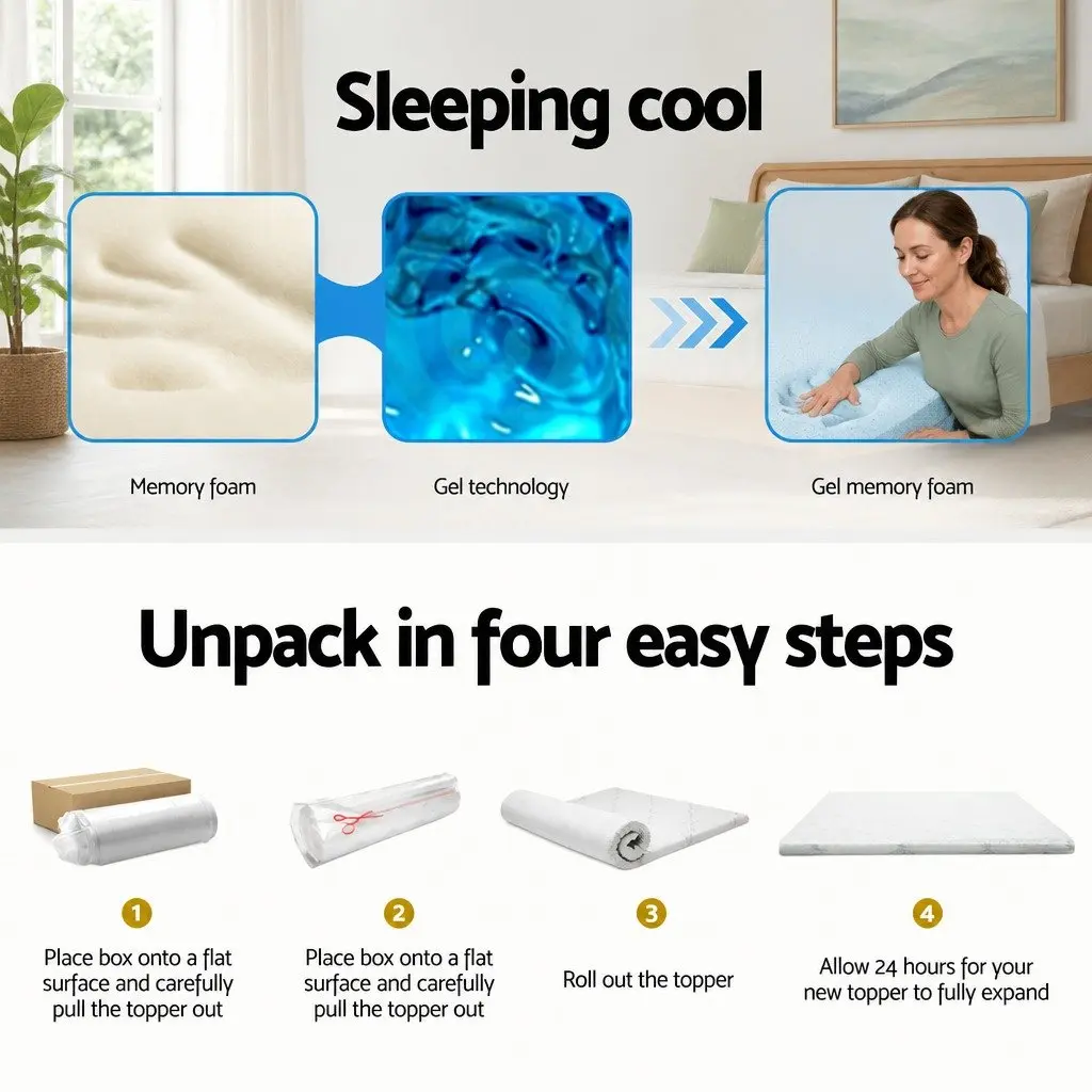 Memory Foam Mattress Topper Gel Infused 10cm Single Bed Bamboo Cover Blue