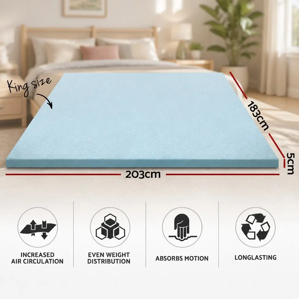 Memory Foam Mattress Topper 5cm Gel Infused King Bamboo White Blue