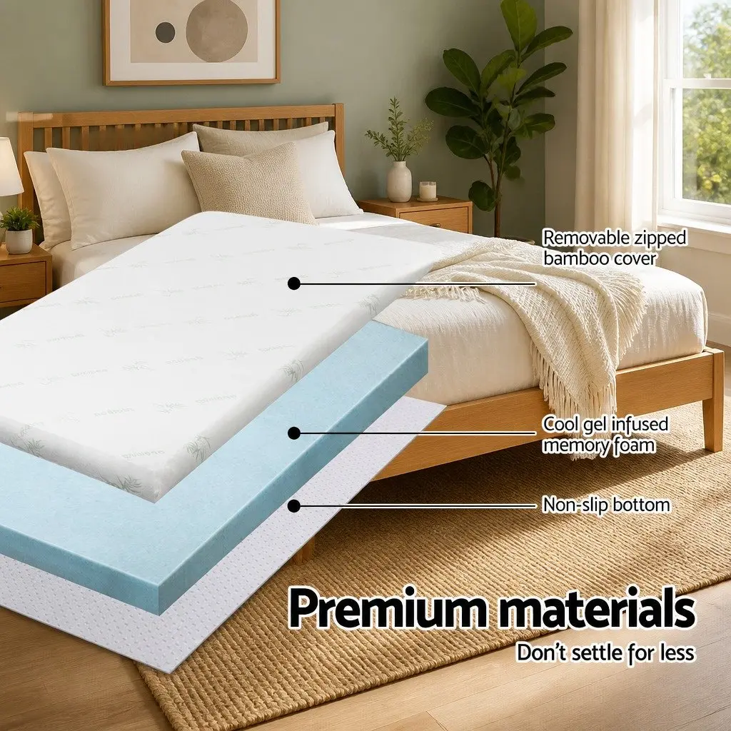 Memory Foam Mattress Topper 5cm Gel Infused King Bamboo White Blue