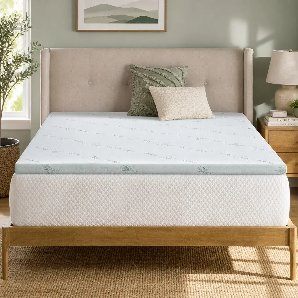 Memory Foam Mattress Topper 5cm Gel Infused King Bamboo White Blue