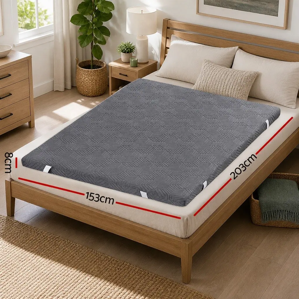 Mattress Topper Memory Foam 8cm Gel Dual Layer Bamboo Grey Queen