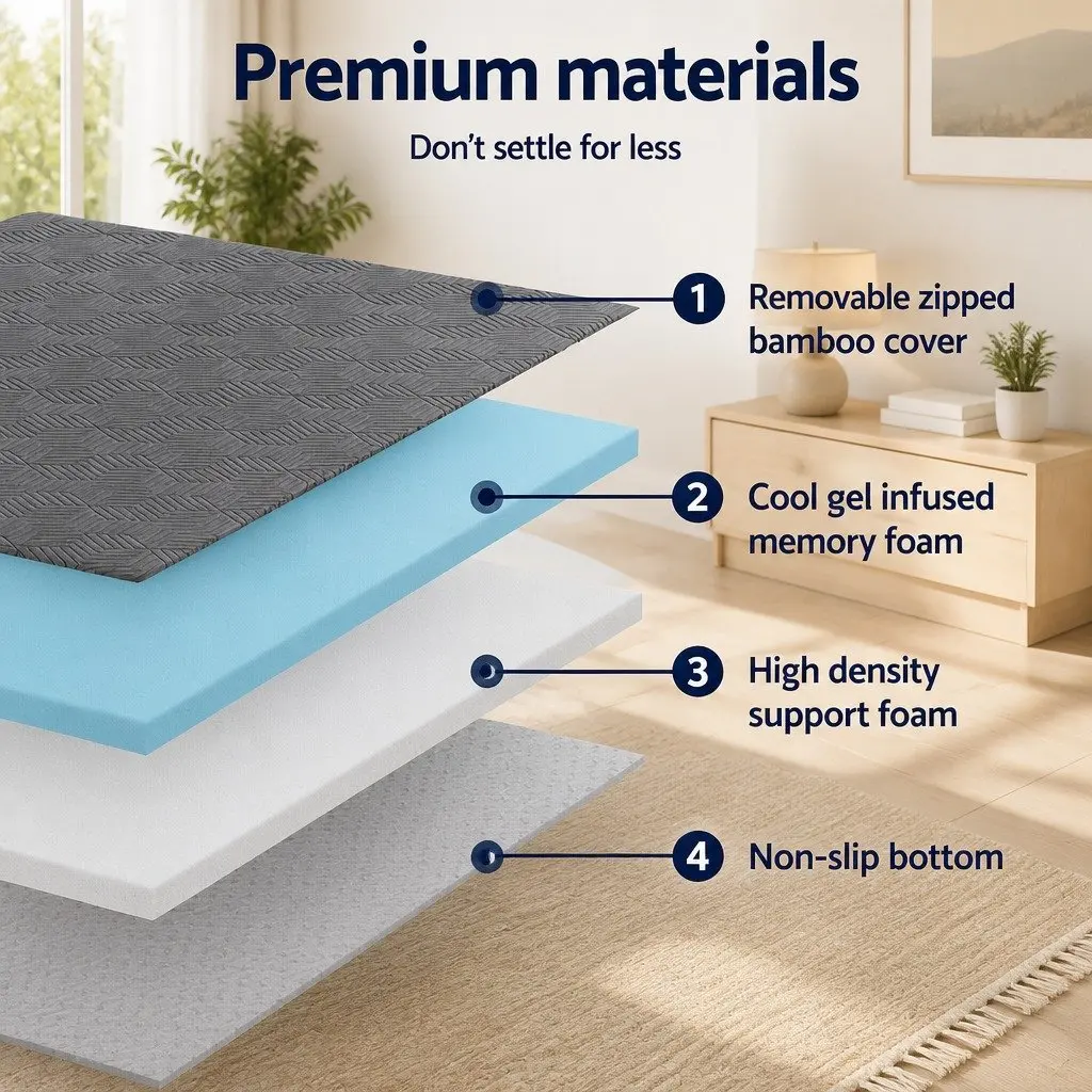 Mattress Topper Memory Foam 8cm Gel Dual Layer Bamboo Grey Queen