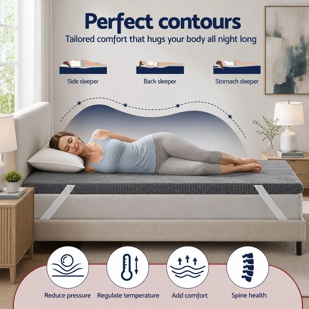 Memory Foam Mattress Topper 8cm Gel Dual Layer Bamboo Cover Single Bed Grey