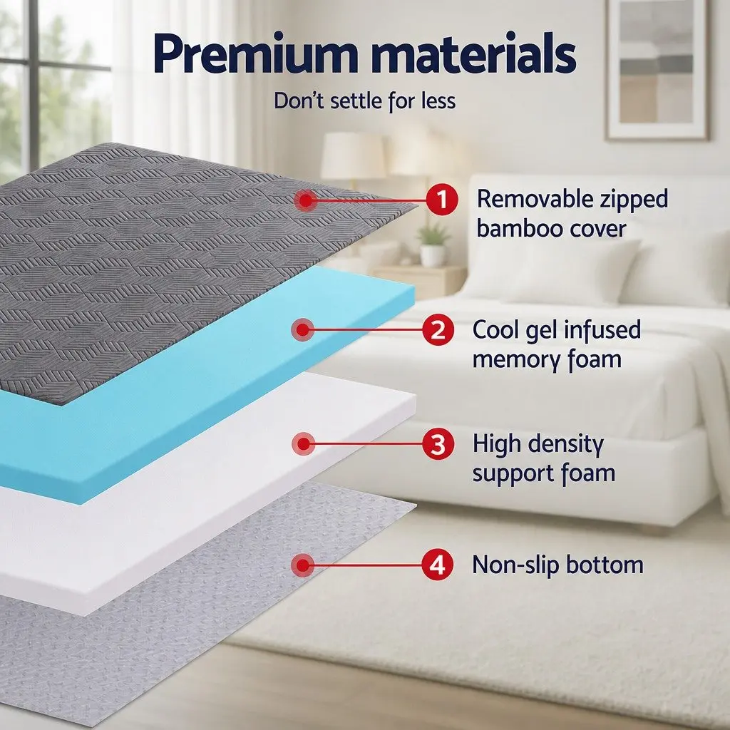 Memory Foam Mattress Topper 8cm Gel Dual Layer Bamboo Cover Single Bed Grey