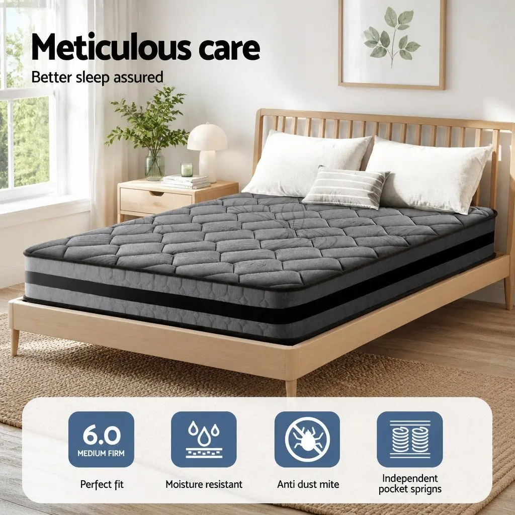 Queen Mattress 22cm Medium Firm Pocket Spring Bed Sleep Support Grey Black