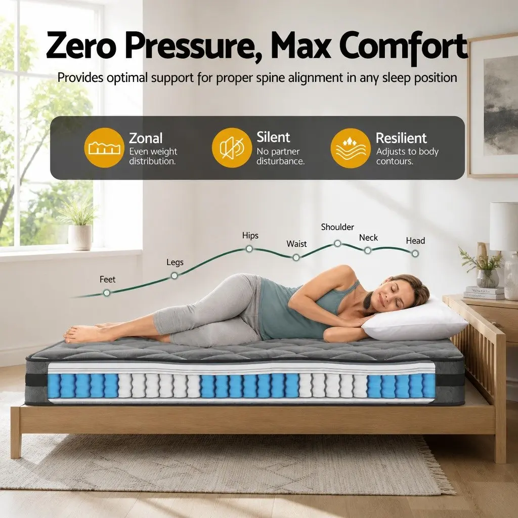 Queen Mattress 22cm Medium Firm Pocket Spring Bed Sleep Support Grey Black