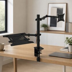 Adjustable Dual Monitor Arm with Laptop Tray in Black