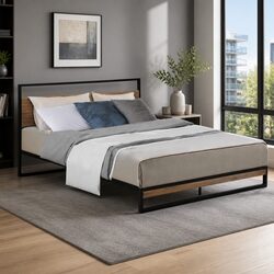 Sturdy Industrial Metal Bed Frame with Wood Accents