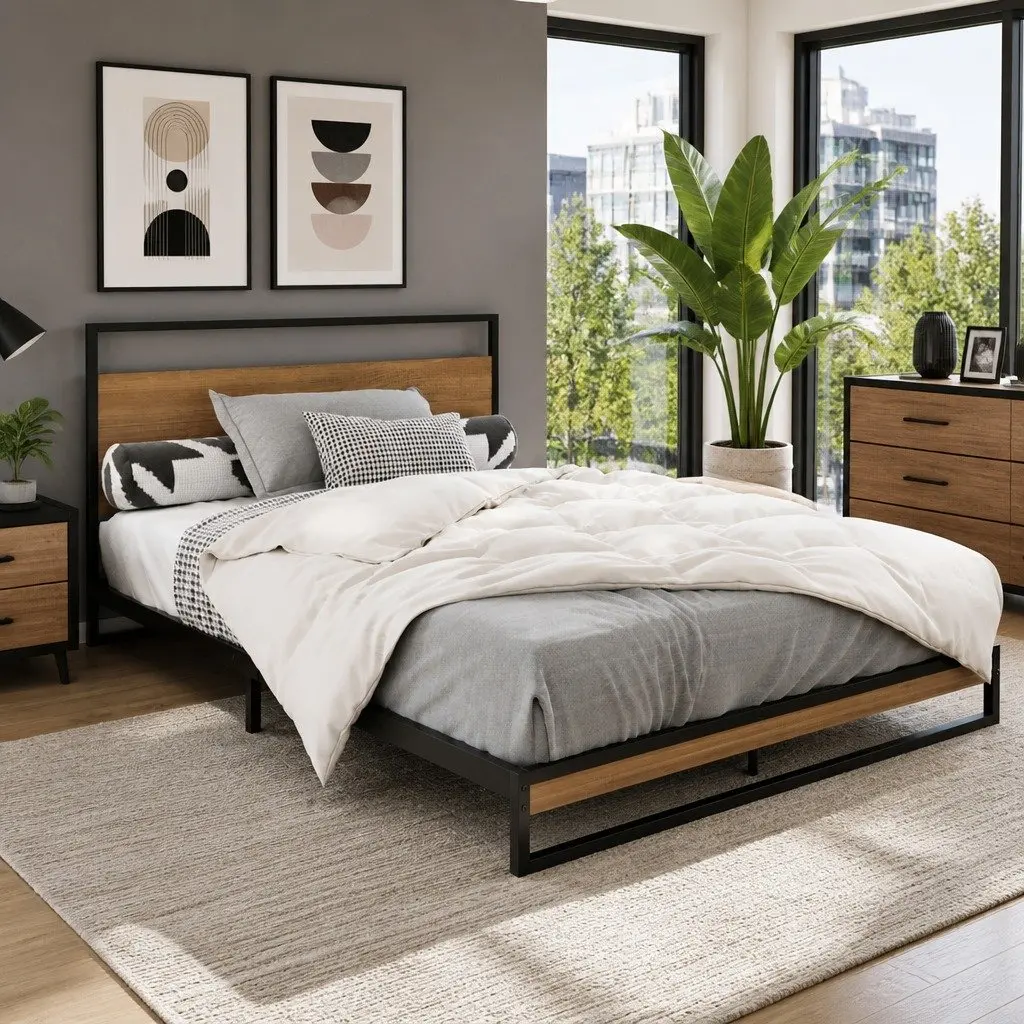 Double Bed Frame Metal MDF Black 197cm x 141.5cm x 91cm