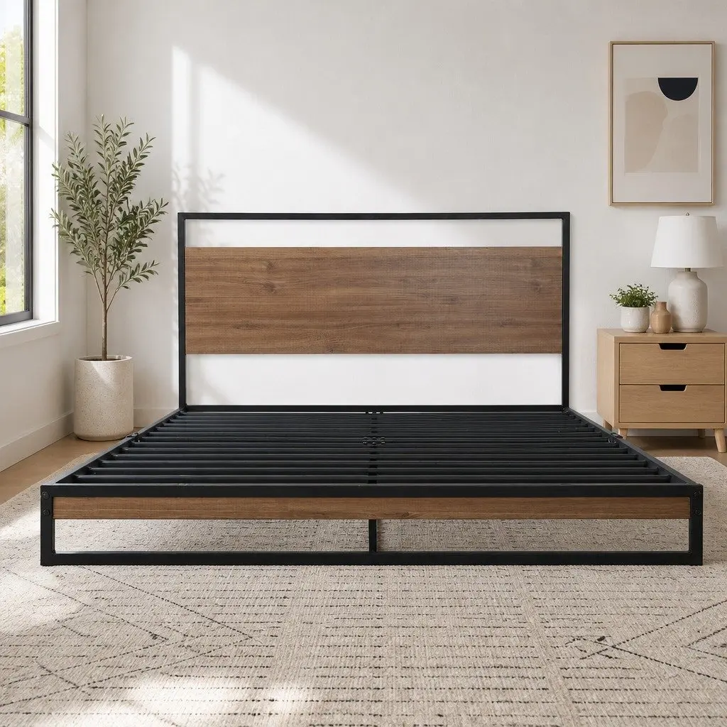 Industrial King Size Metal Bed Frame with MDF Support