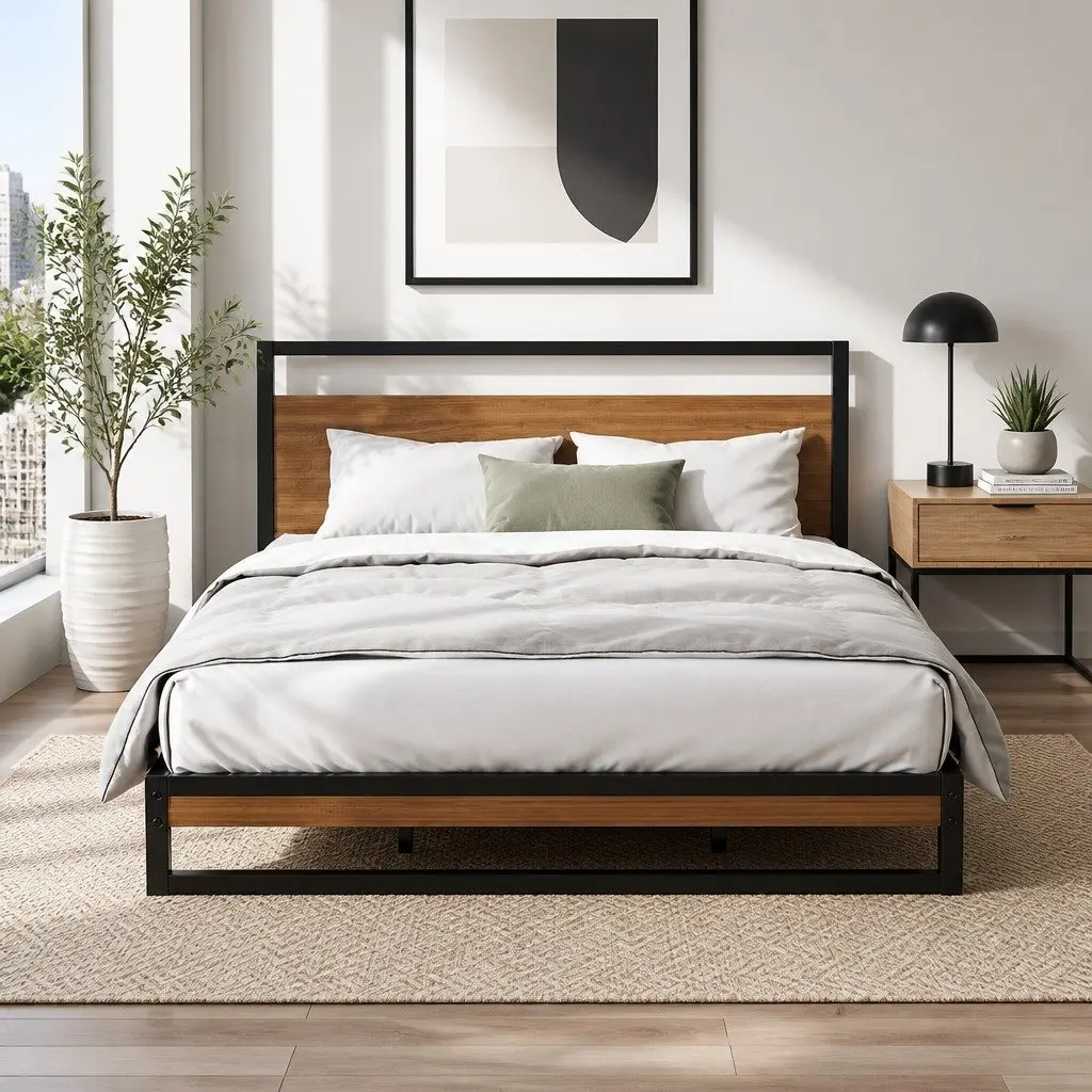 Industrial King Size Metal Bed Frame with MDF Support