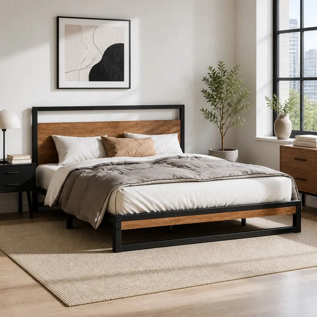 Industrial King Size Metal Bed Frame with MDF Support