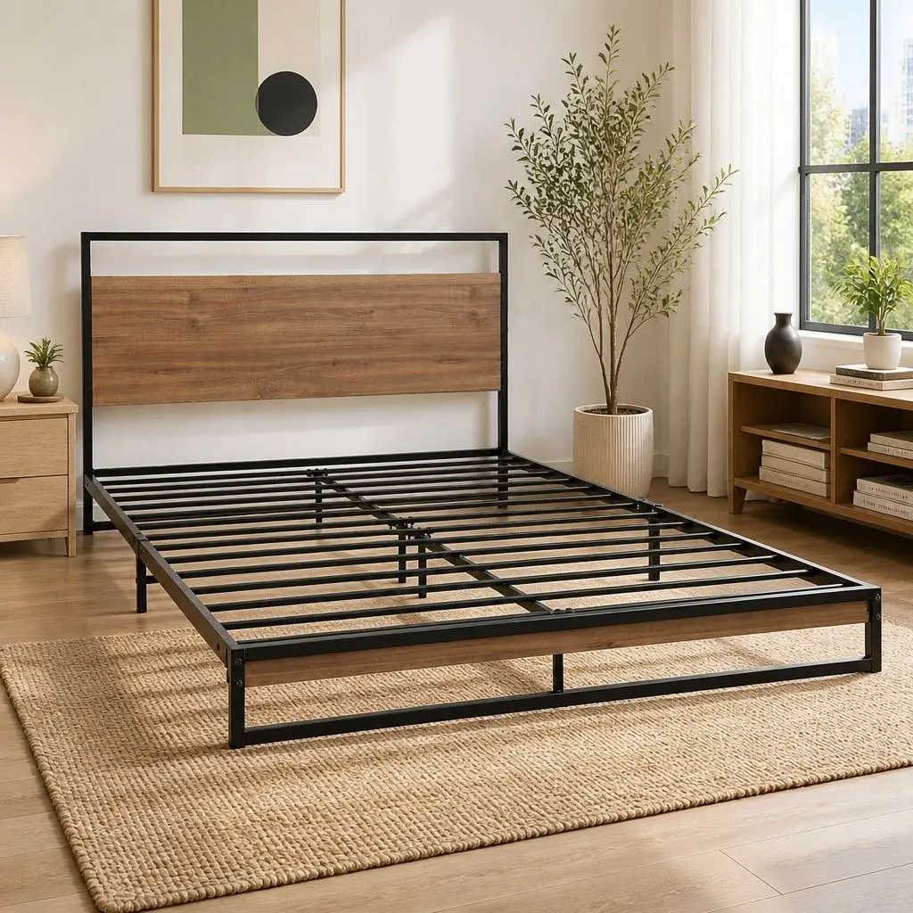 Industrial King Size Metal Bed Frame with MDF Support
