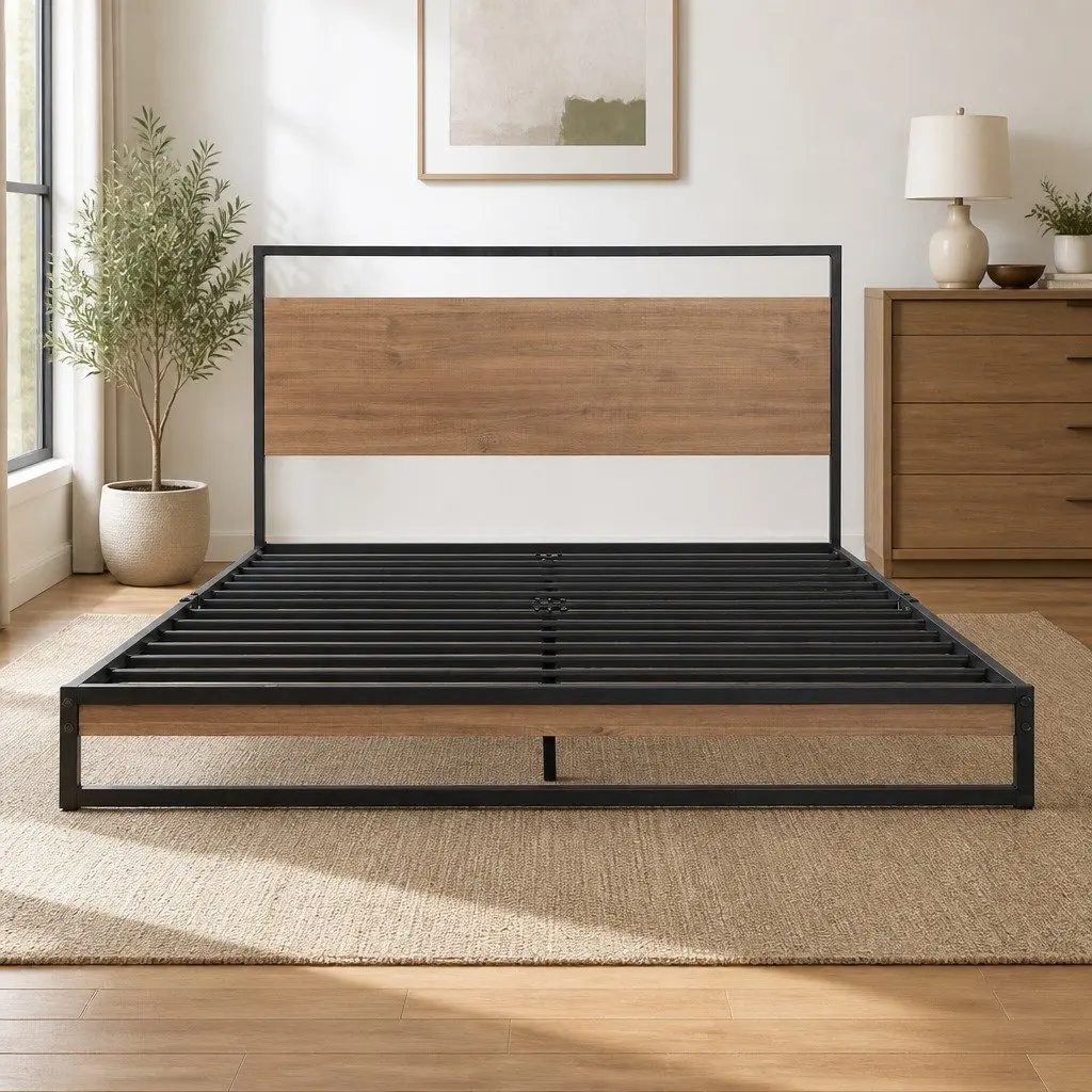 Queen Size Bed Frame Metal Wood Industrial Black