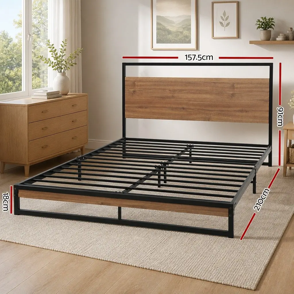 Queen Size Bed Frame Metal Wood Industrial Black