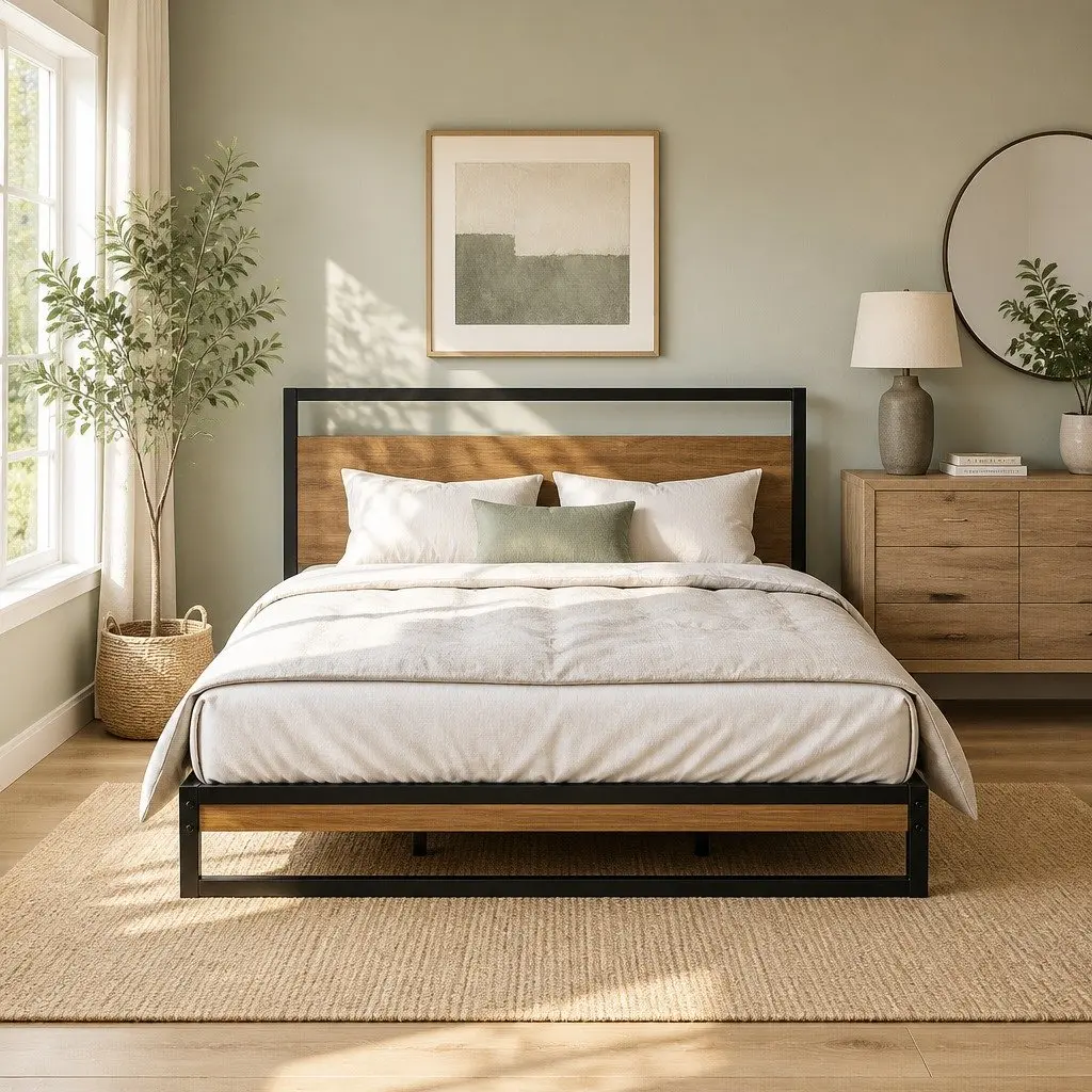 Queen Size Bed Frame Metal Wood Industrial Black