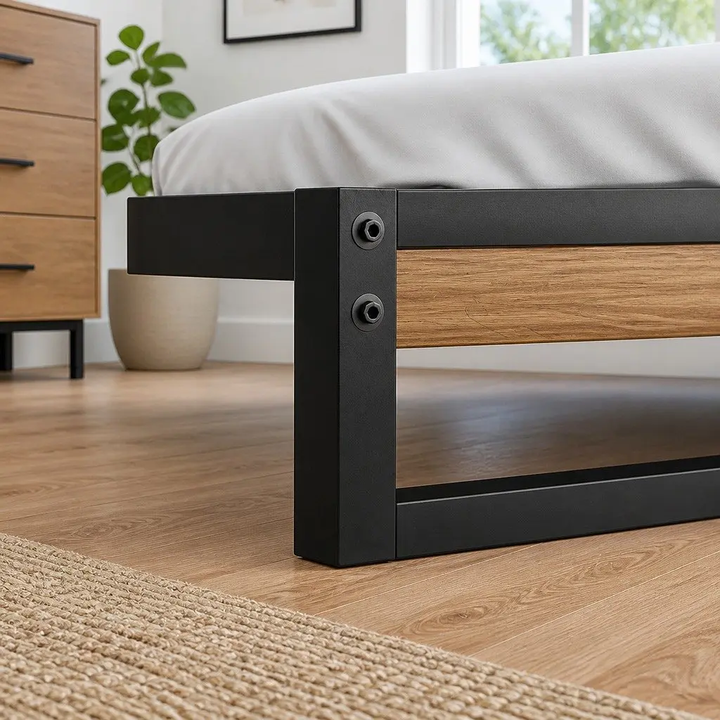 Queen Size Bed Frame Metal Wood Industrial Black
