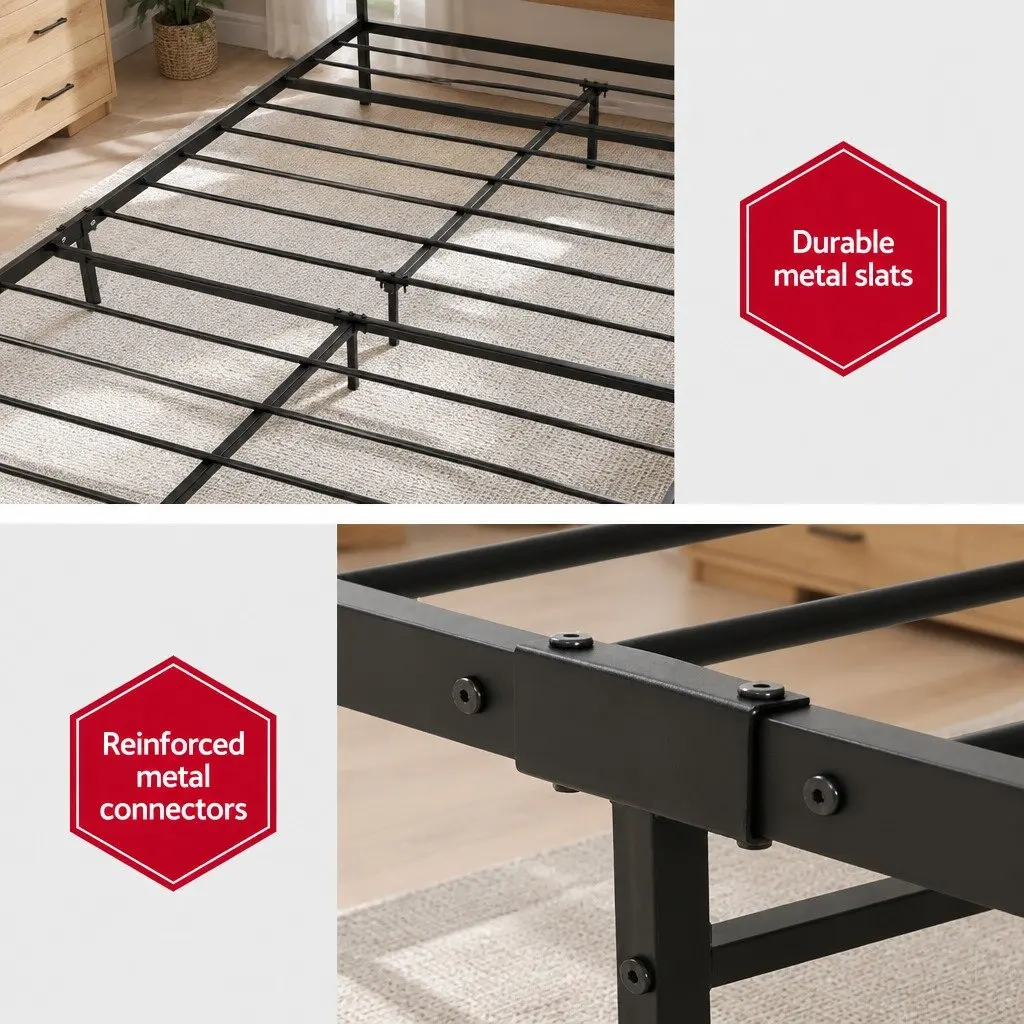Queen Size Bed Frame Metal Wood Industrial Black