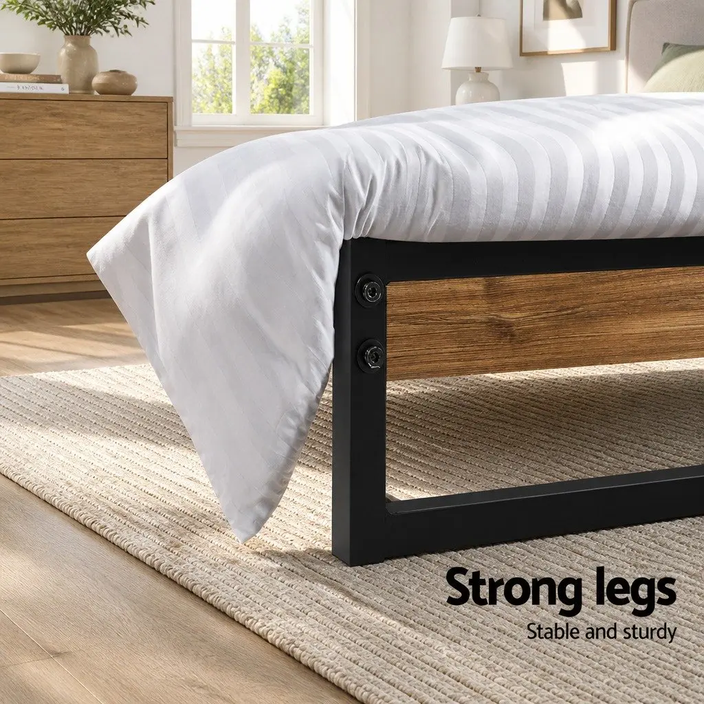 Queen Size Bed Frame Metal Wood Industrial Black