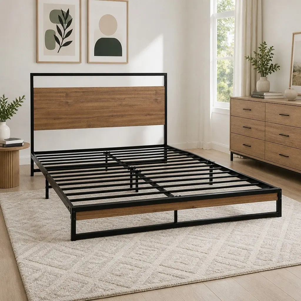 Queen Size Bed Frame Metal Wood Industrial Black