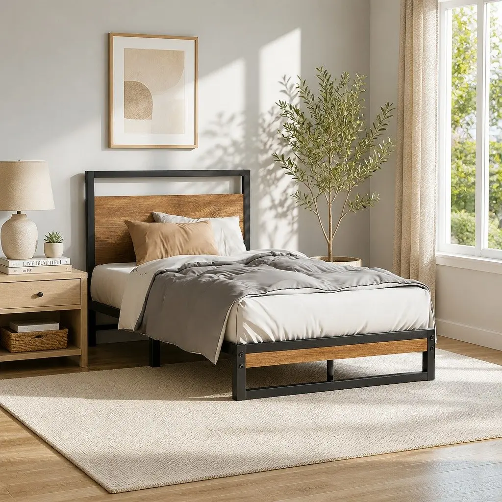 Industrial-Style Single Metal Bed Frame in Black