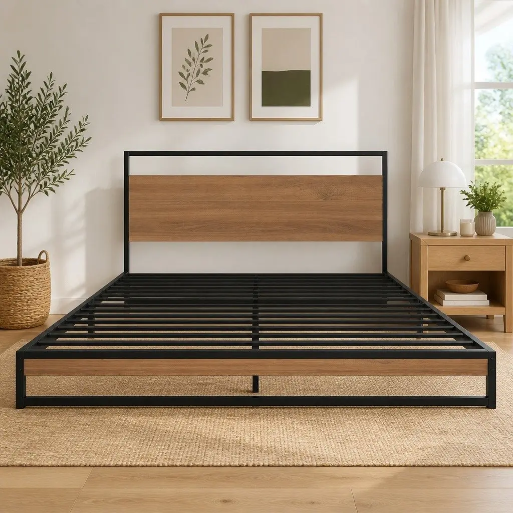 Metal Platform Double Bed Frame with Pocket Spring Mattress