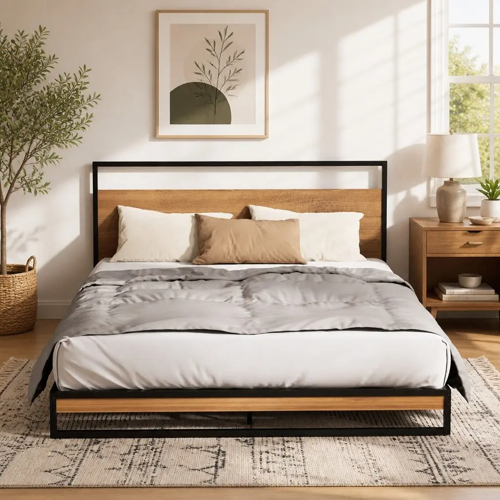 Metal Platform Double Bed Frame with Pocket Spring Mattress