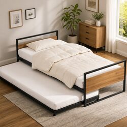 Sturdy Black Metal Trundle Daybed Frame for Single Size