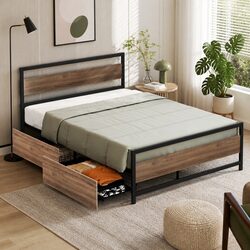 Sturdy Metal Double Bed Frame with Storage Drawers