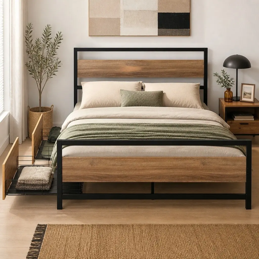 Metal Double Bed Frame with Storage Drawers