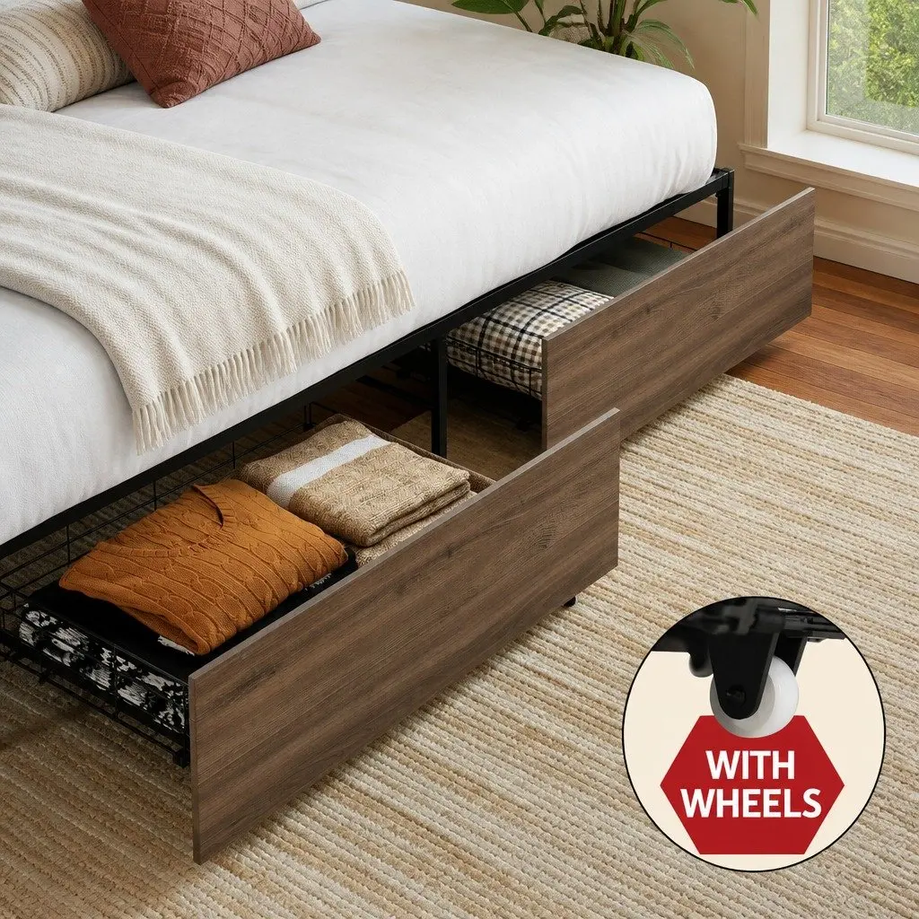 Metal Double Bed Frame with Storage Drawers