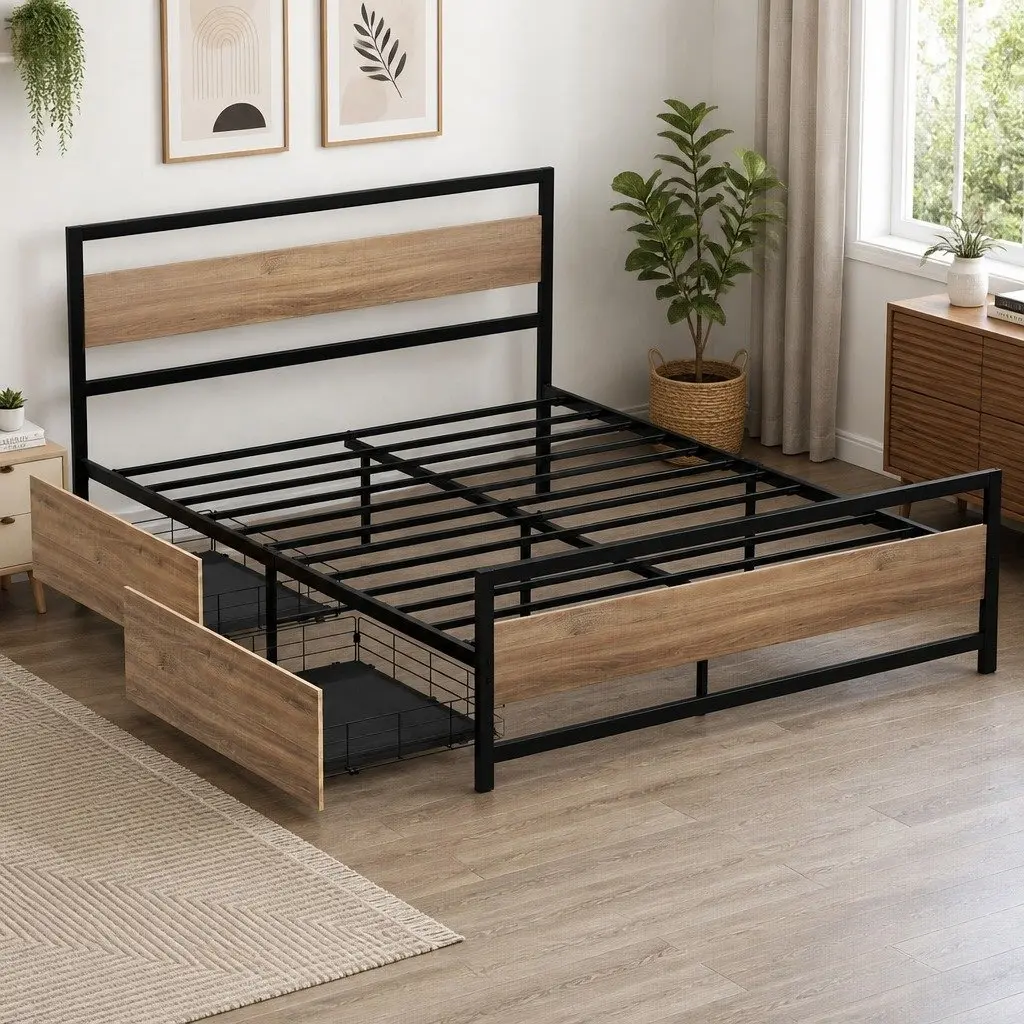 Metal Double Bed Frame with Storage Drawers