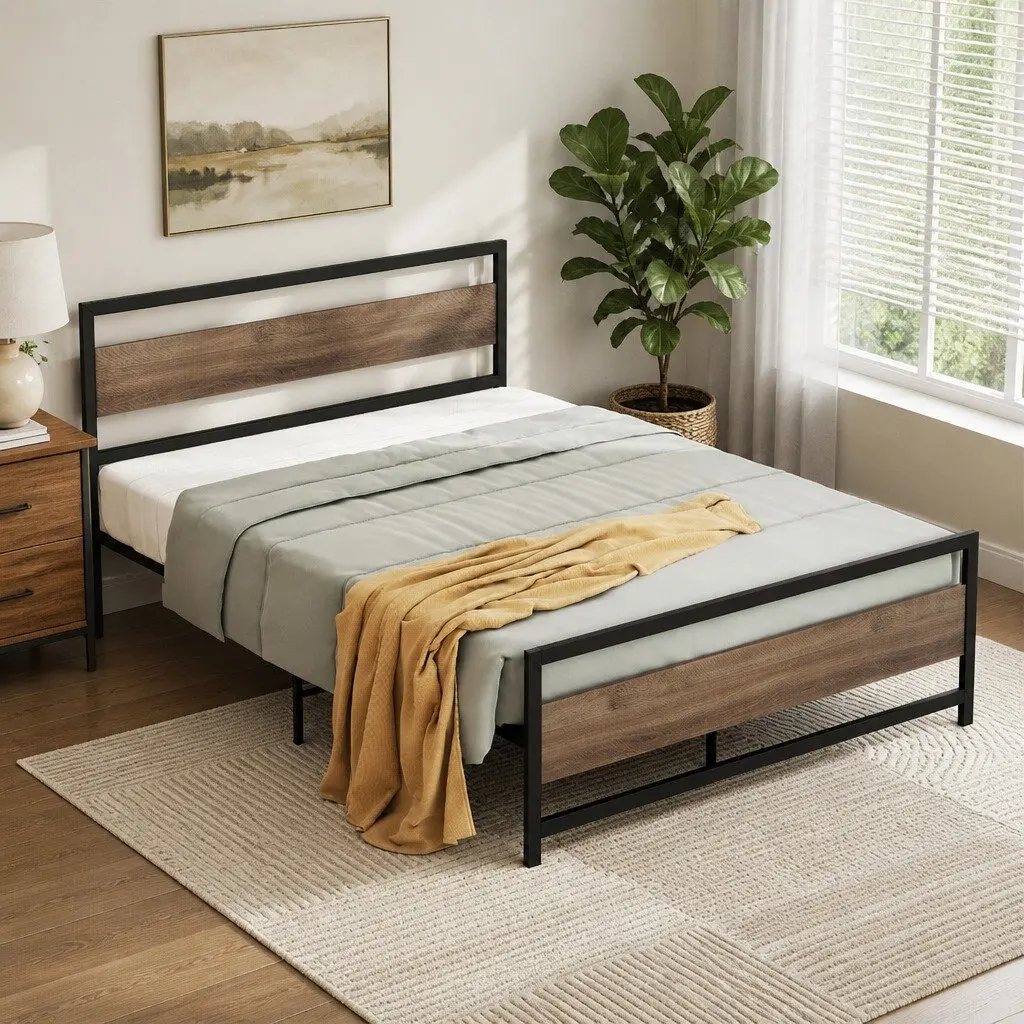 Queen Size Bed Frame with Metal Base in Black