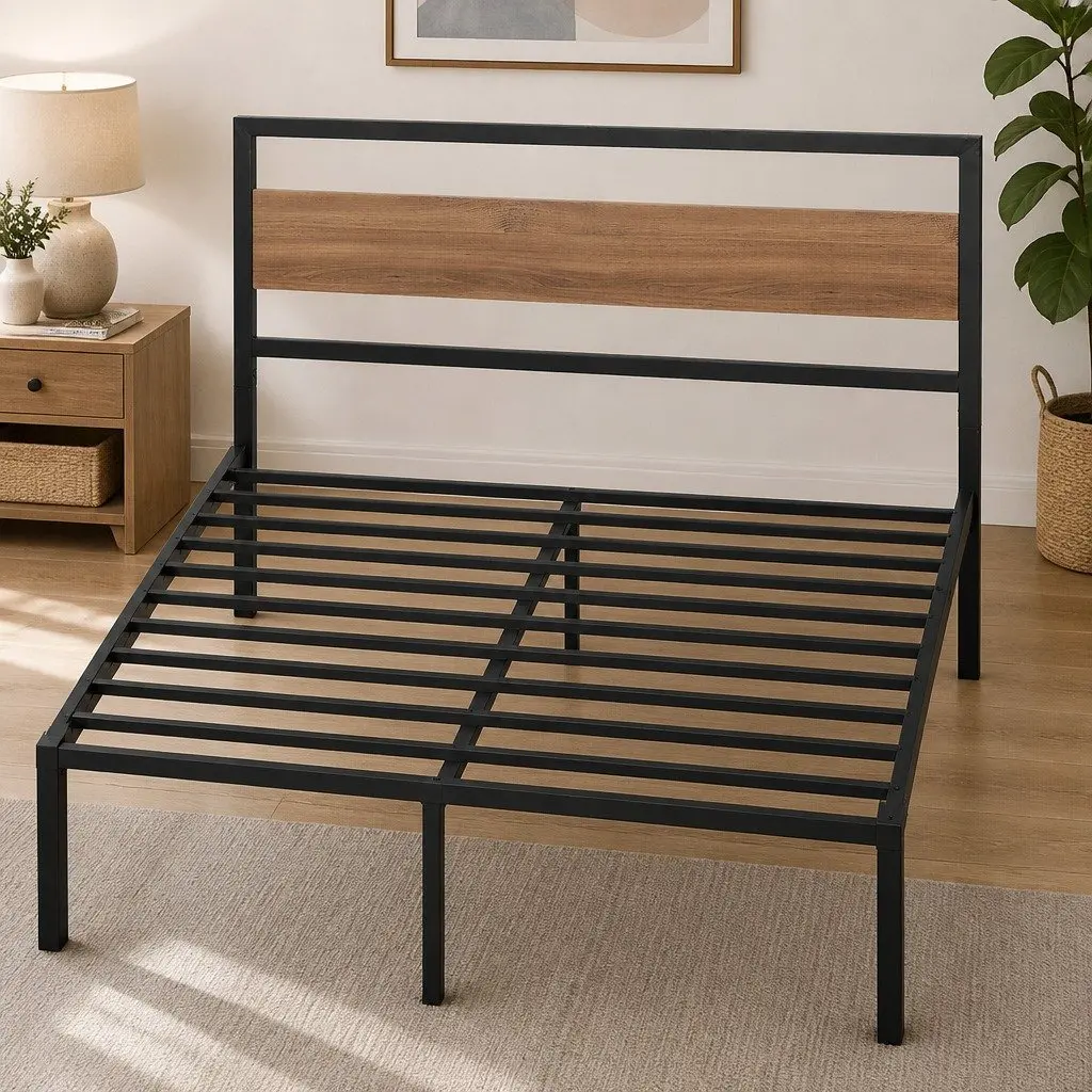 Queen Size Bed Frame with Metal Base in Black
