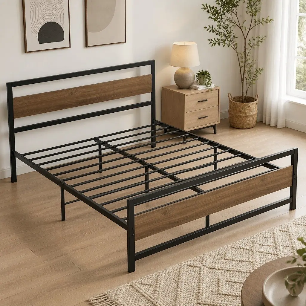 Queen Size Bed Frame with Metal Base in Black