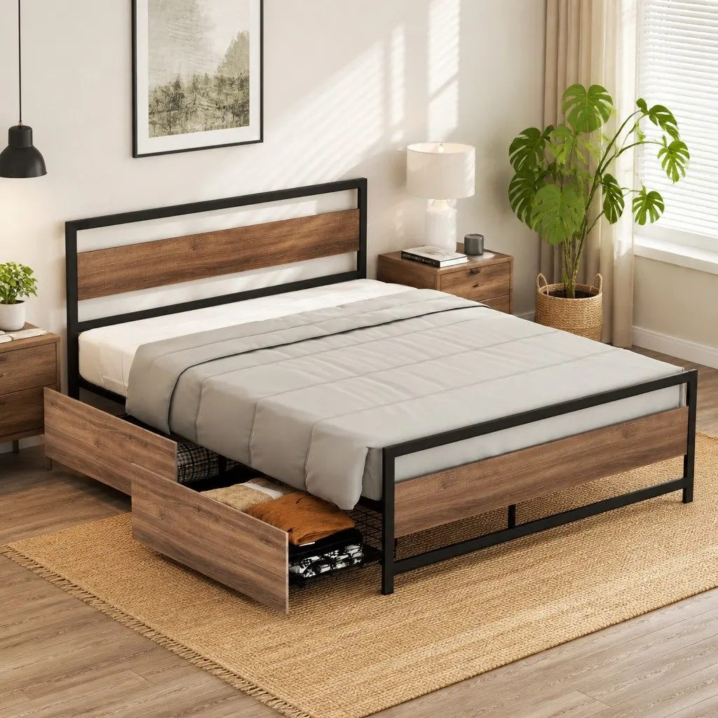 Industrial Queen Bed Frame with Storage Drawers